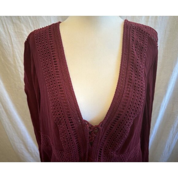 Women's Torrid Dress Chiffon Gauze Burgundy Wine Boho Crochet Size 2 Long Sleeve - Picture 6 of 13
